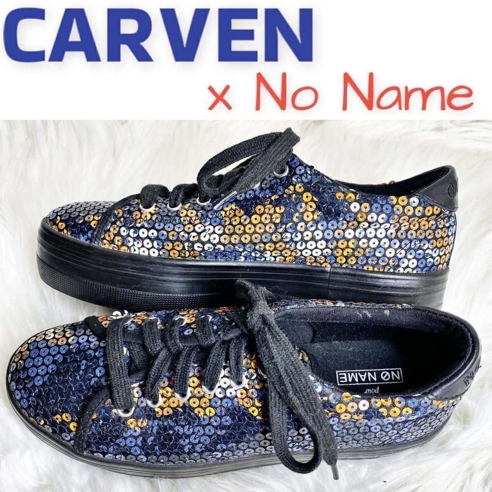 CARVEN x NO NAME Collab Sequined Lace Up Platform Sneakers‎ Blue Orange, Size 38